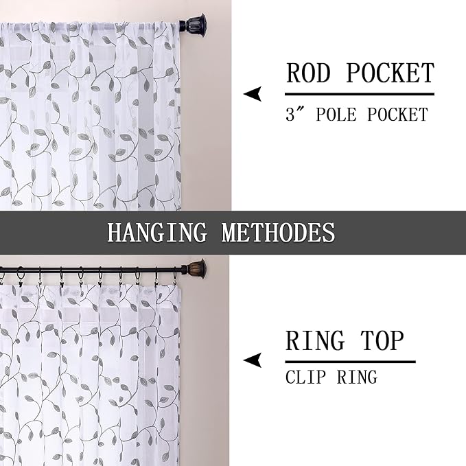 Tollpiz Leaves Short Sheer Curtains Grey Leaf Embroidery Bedroom Curtain Rod - Image 5
