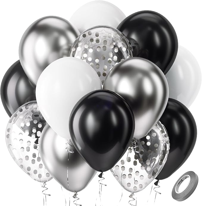 Bezente Black Silver and White Confetti Balloons Set 60pcs 12 inch | Metallic by Bezente