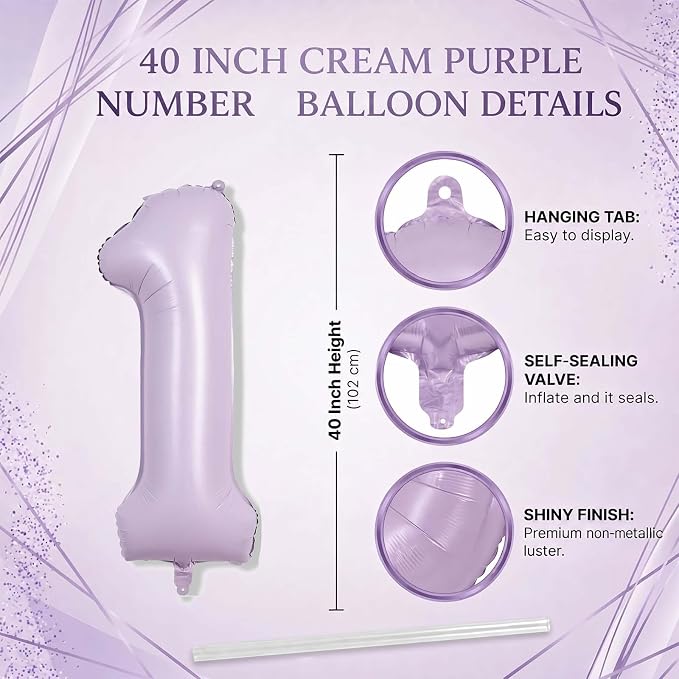 Cream Purple Number 1 Balloon 40 Inch, Foil Numeral - Image 4