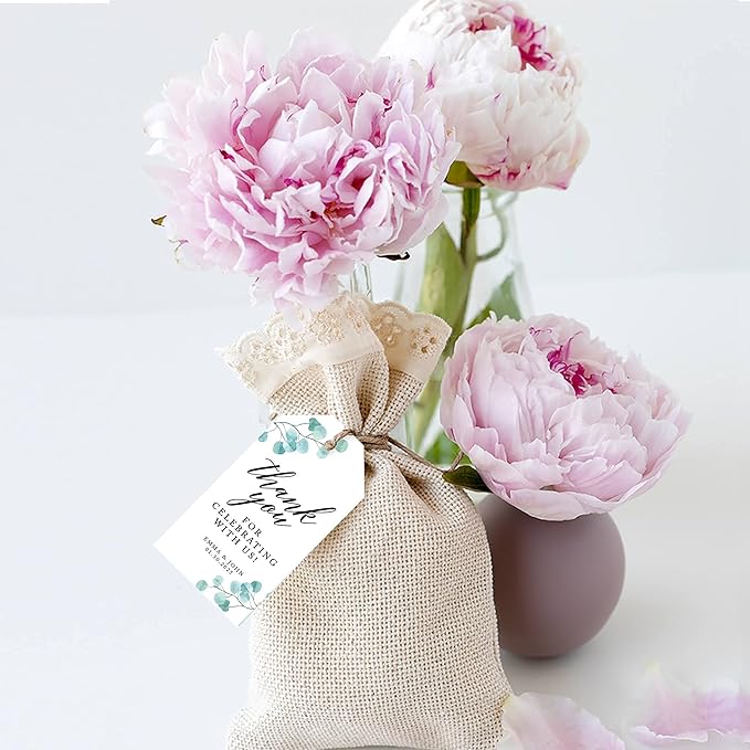 Andaz Press 100-Pack Personalized Thank You for Celebrating with Us Wedding Favor Tags with Bakers Twine Silver Dollar Eucalyptus Custom Cardstock Wedding Gift Tags for Party Favors 2 x 3.75-Inches