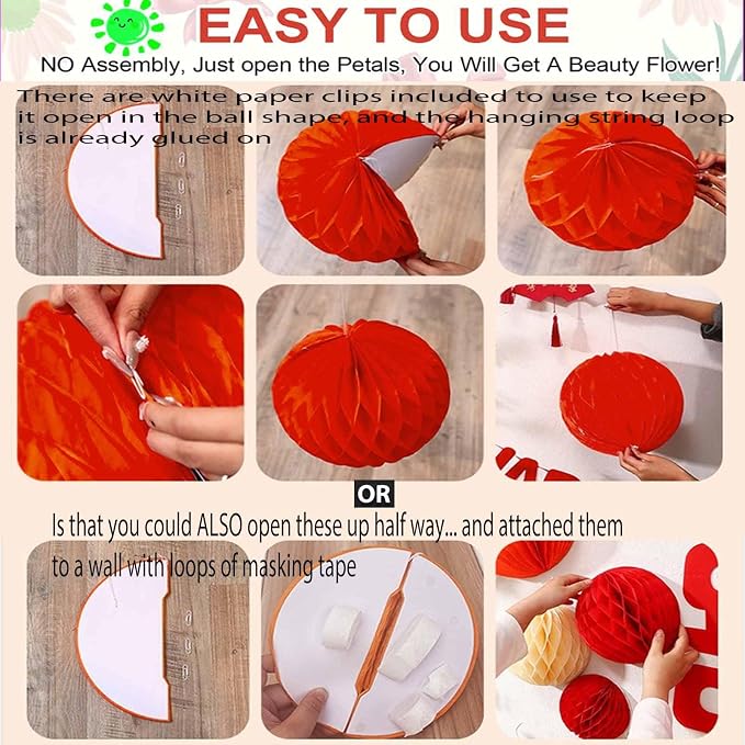 Pink Paper Honeycomb Balls, 6 and 10 inch Hanging Tissue Pompoms, 12 Pack Party - Image 3