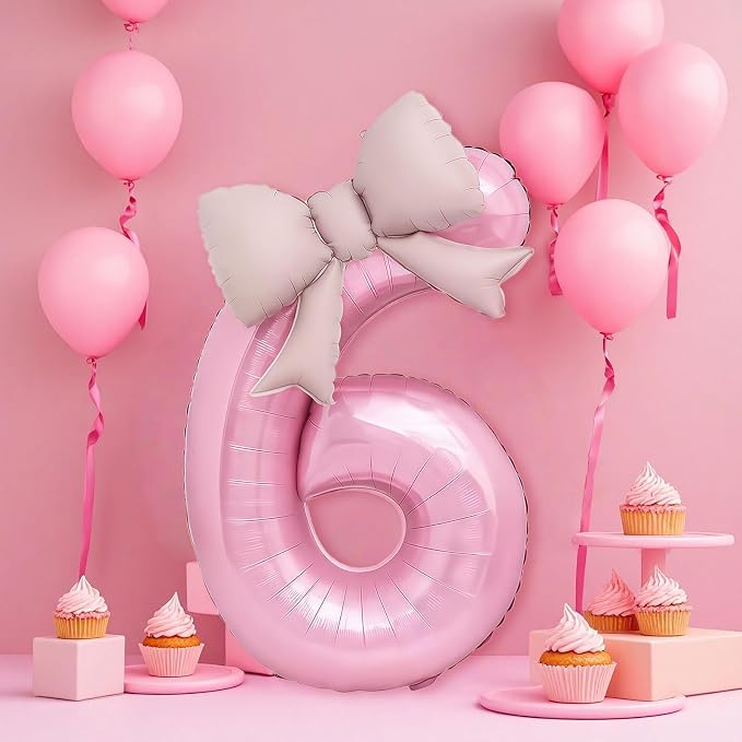 Bow Pink 6 Balloons, 40 Inch Giant Pink Bow Helium Foil Number 6 - Image 3