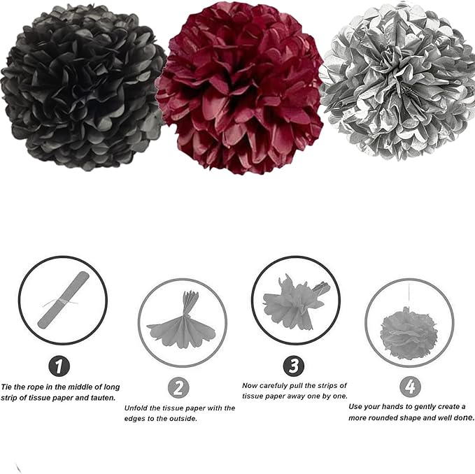 Black Burgundy and Silver Paper Pom Poms - Image 3