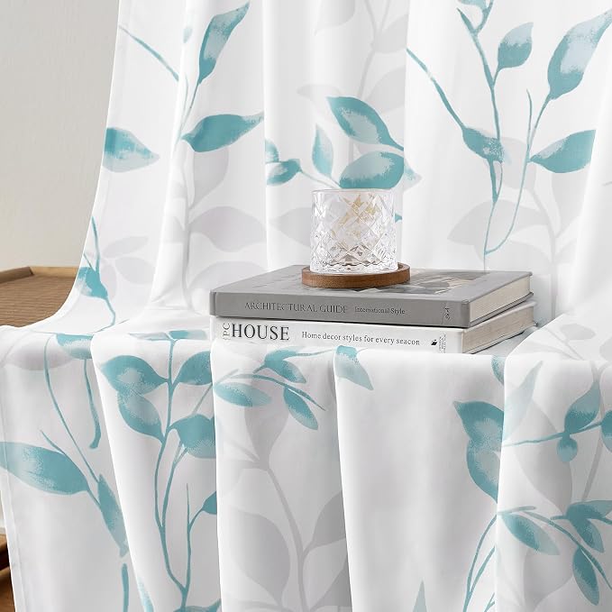 HOMEIDEAS Non-See-Through Teal and White Privacy Sheer Curtains 52 X 84 Inch - Image 5