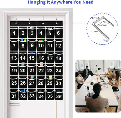 36 Pockets Black Numbered Classroom Pocket Chart for Cell Phones, Hanging Pocket Chart Storage for Classroom Phone Calculator Holder with 4 Hooks (Black-36pockets)
