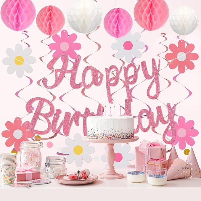 YEOCU Birthday Decorations, No DIY Pre-Strung Happy Birthday Banner | Pink - Image 3