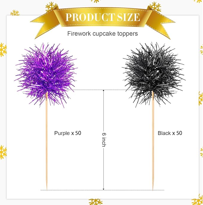 Chinco 100 Pcs Halloween Foil Firework Cupcake Toppers | Sparkle Tinsel Cake - Image 3