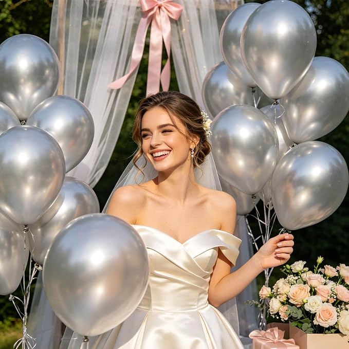 100pcs Metallic Silver Balloons 12 Inch Chrome Round Helium Balloons | Silver - Image 7