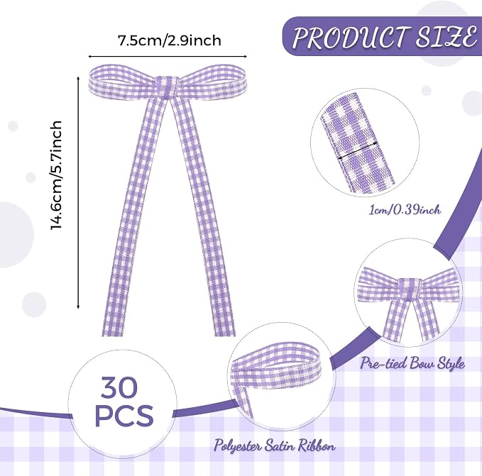 30 Pack Bow Cake Toppers Purple Gingham Ribbon Bows - Image 6