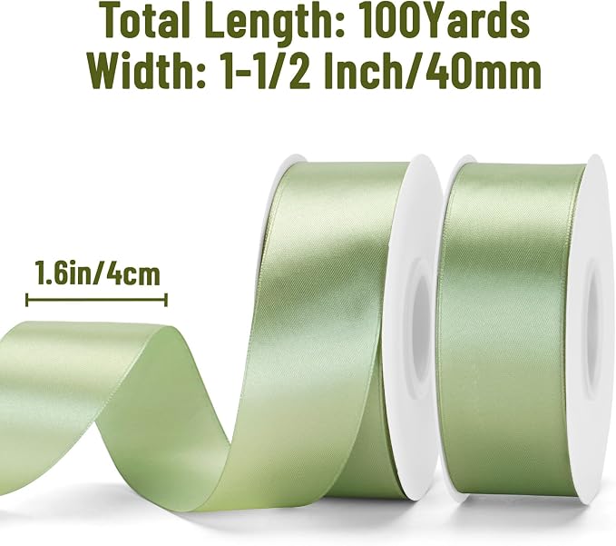 KINGLAKE Sage Green Satin Ribbon – 1-1/2 Inch x 2 Rolls Light Green Ribbon - Image 2