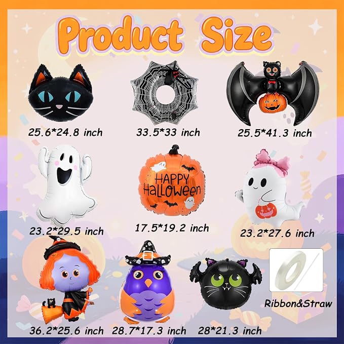 9Pcs Halloween Balloons Decoration Set, Foil Ghost, Spider Web, Pumpkin & Bat - Image 7