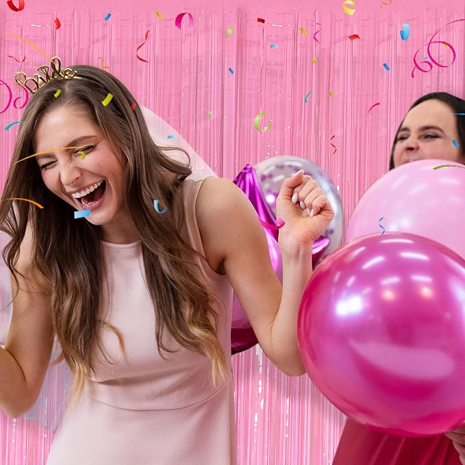 2 Pack Foil Curtain Pink Backdrop Streamers Metallic Tinsel Fringe Curtains - Image 2