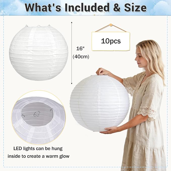 10Pcs 16 Inch Large White Paper Lanterns, Jumbo Hanging Party Decorations | - Image 2