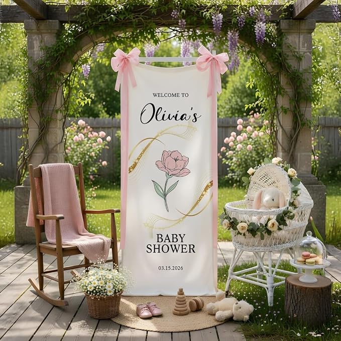 Personalized Floral Baby Shower Welcome Banner, Custom Fabric Backdrop Sign by Custom