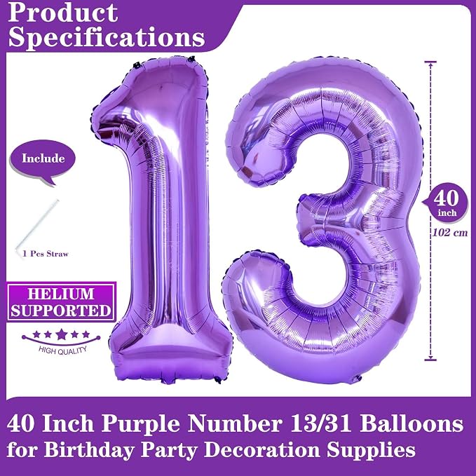 Purple 13 Number Balloons, 40 Inch Giant Number 13 Balloons Foil Mylar Helium - Image 2