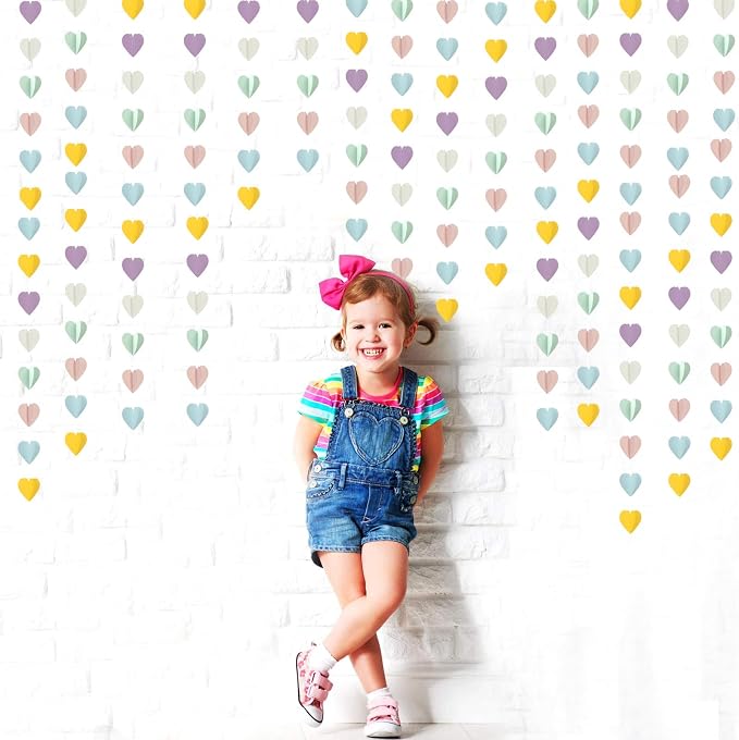 Pastel-Rainbow Party-Decorations 3D Heart Garland - 39Ft Yellow Blue Pink - Image 4