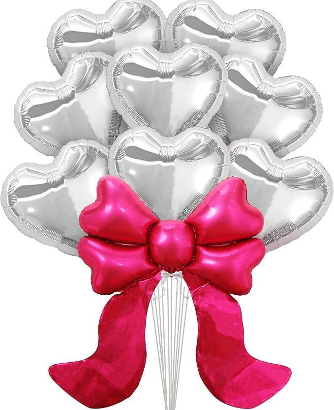 KatchOn Silver Heart with Bow Foil Balloons Decoration Set – Pack of 9 | Pink by KatchOn
