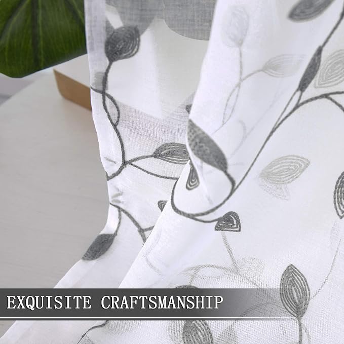 Tollpiz Leaves Short Sheer Curtain Grey Leaf Embroidery Living Room Curtains - Image 6
