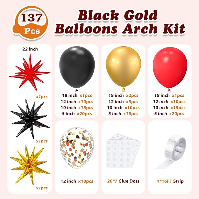 LOOLEY 137Pcs Red Black Gold Balloons Garland Arch Kit - Image 3