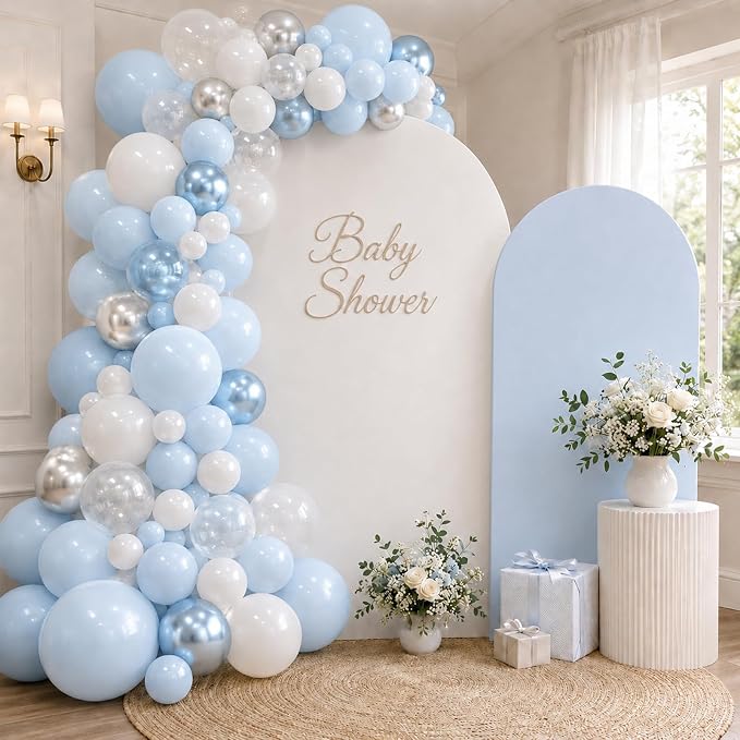 Blue and White Balloons, 12 Inch Baby Pastel Light Blue White Metallic Silver - Image 8