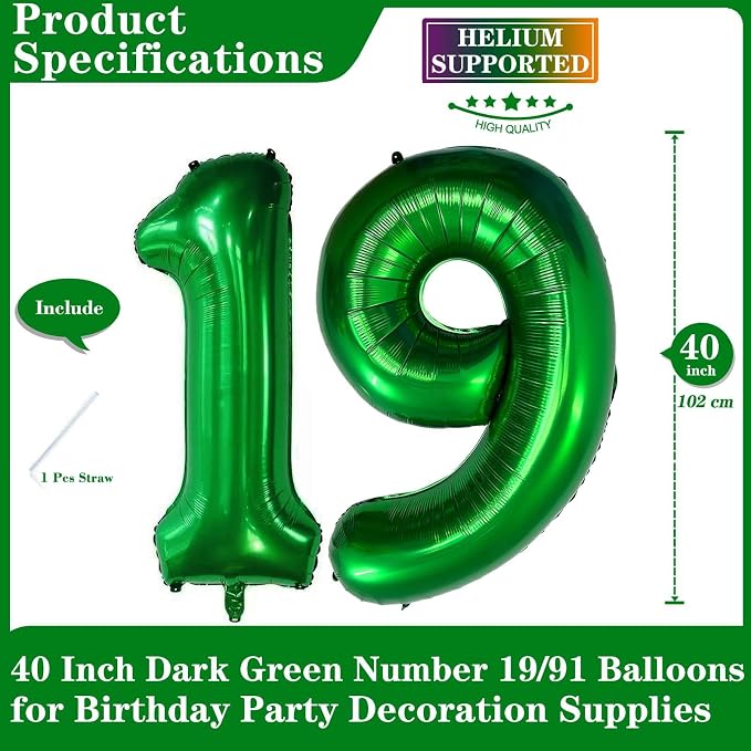 Dark Green 19 Number Balloons, 40 Inch Giant Number 19 Balloons Foil Mylar - Image 2