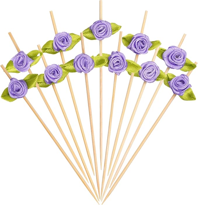 Minisland Purple Rose Flower Cocktail Picks, 4.7 Inch Long Bamboo Fancy by Minisland