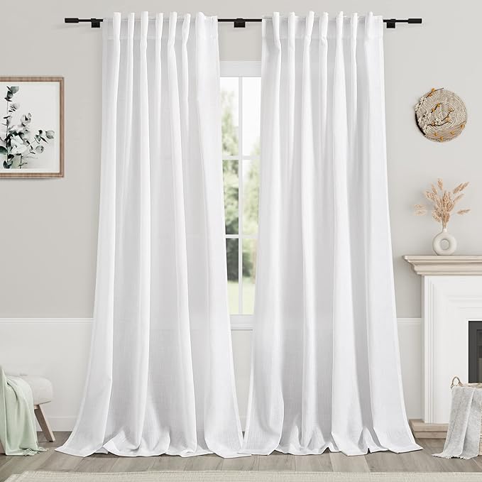 White Linen Curtains for Living Room 119 Inches Long Extra Long Back Tab by Nanspring