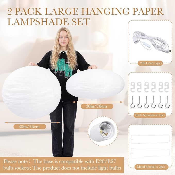 Nuanchu 2 Pack 30" Large Hanging Paper Lampshade Set Round and Oval White - Image 4