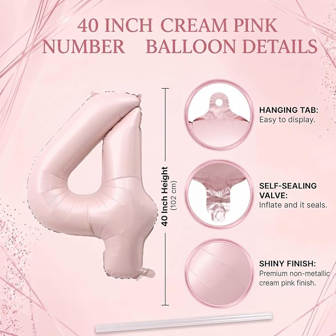 Baby Pink Number 4 Balloon 40 Inch, Blush Foil Festive Theme Party Supplies | - Image 4