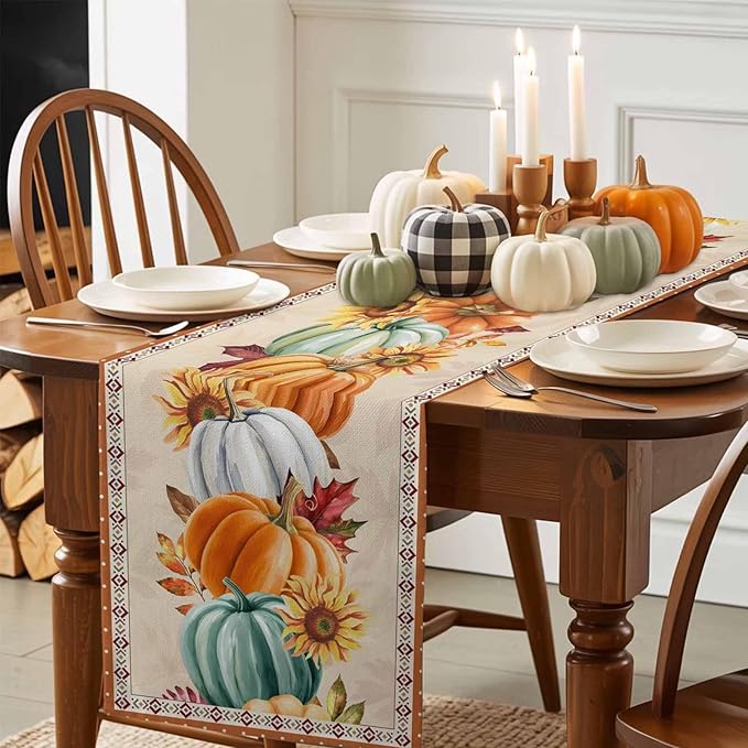 Fall Thanksgiving Southwest Cotton Linen Table Runner for Dining Kitchen, Orange Pumpkins Wedding Outdoor Party Rustic Tablerunners Decoration, Sunflower Dresser Scarf Tablecloth Runners 13x60 Inches