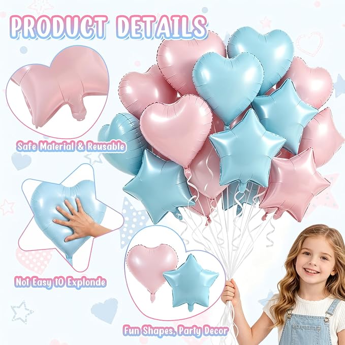 TONIFUL 18 Inch Blue & Pink Star and Heart Foil Balloons - Image 4