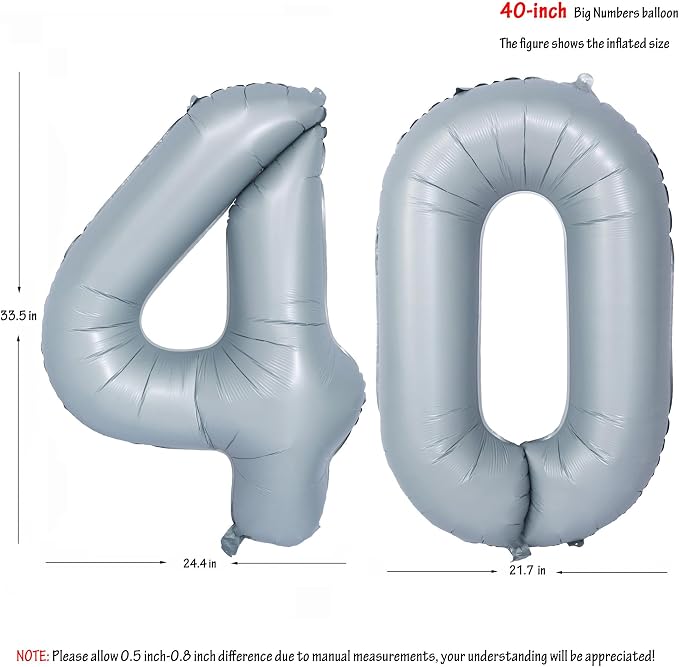 40 In Matte gray Number Balloon Helium Foil Mylar Birthday Balloon Digit 40 | - Image 2