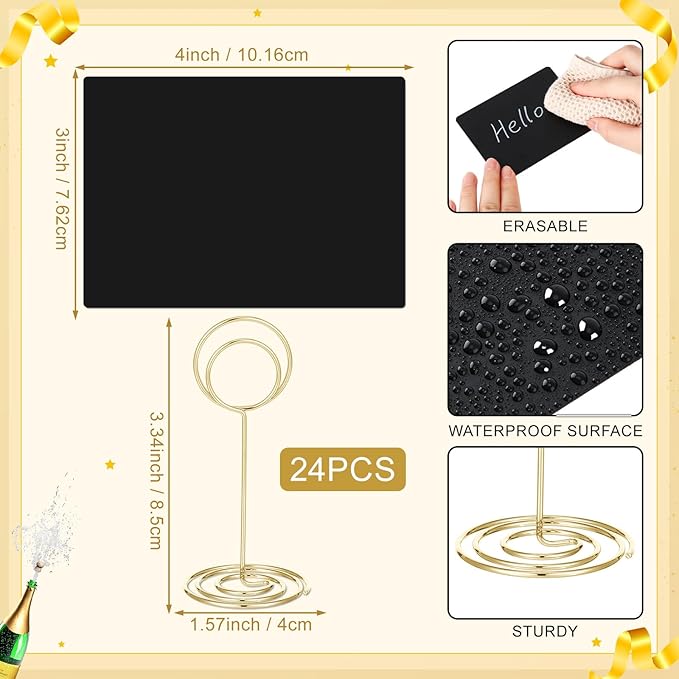 TecUnite 24 Pack Mini Chalkboard Signs, 4"x3" Small Table Place Cards with Metal Stand and 2 Marker Pens Food Labels for Party Buffet, Tabletop Blackboard Signs Name Tags for Wedding Bakery(Gold)