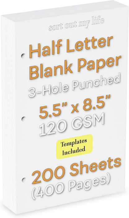 Half Letter 3-Hole Punched Blank Paper, 200 Sheets, 120 GSM, Loose Leaf, 5.5 x 8.5 inch, for Printing Custom Templates and DIY Planning