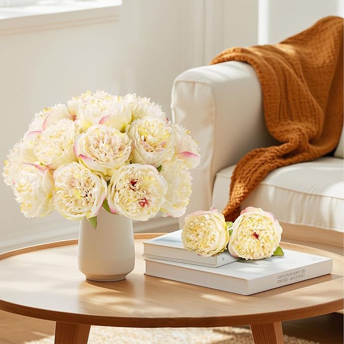 U'Artlines 20 Heads Artificial Peony Silk Flower Leaf Home Office Wedding Party Festival Bar Decor (Champagne)