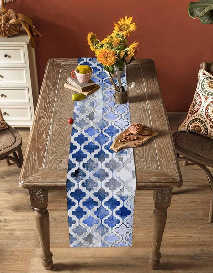 Blue Morocco Plaid Cotton Linen Table Runner for Dining Kitchen, Wedding Outdoor Party Tablerunners Decoration, Distressed Abstract Painted Vintage Dresser Scarf Coffee Tablecloth Runners 13x36 Inches