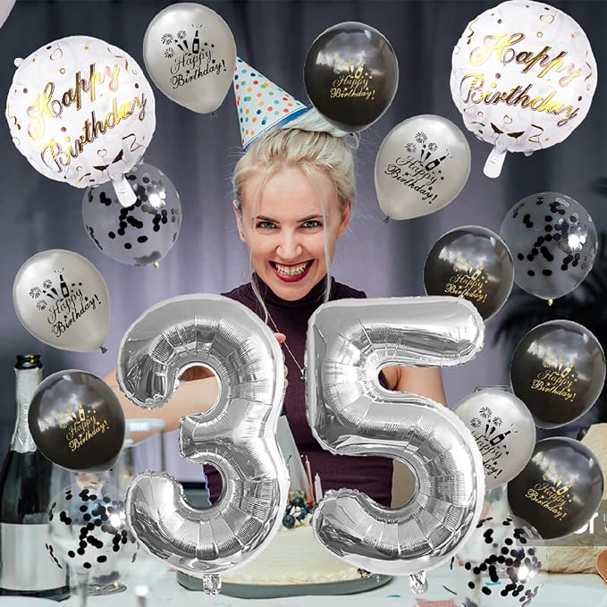 45th Birthday Decoration Silver Number 45 Balloon Set Black & gray Star Foil - Image 6