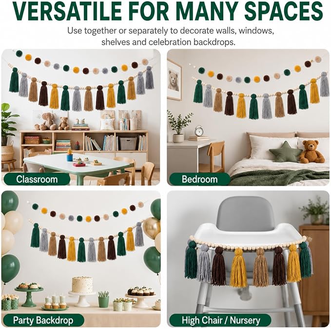 Syhood 3 Pcs 79" 2 Pom Pom Garland Wall Decor and 36" 1 Boho Tassel Garland - Image 4