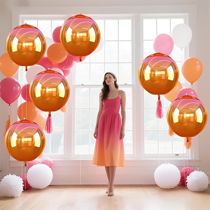6Pcs Gradient Orange Round Foil Balloons, Metallic Orange Mylar Balloon - Image 6