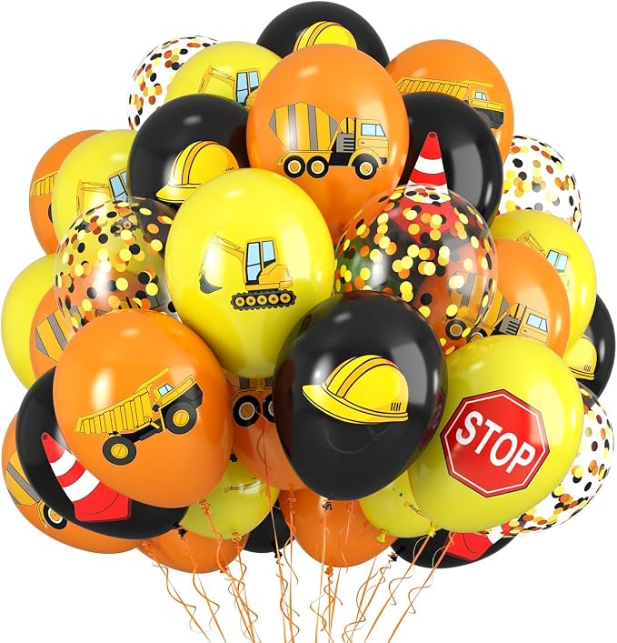 Construction Balloons, 12 Inch Black Yellow Orange Confetti Truck Construction by Saxuxu