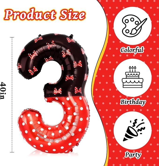 40 Inch Red Cartoon Mouse Number 3 Balloon, Birthday Party Decorations | Black - Image 3