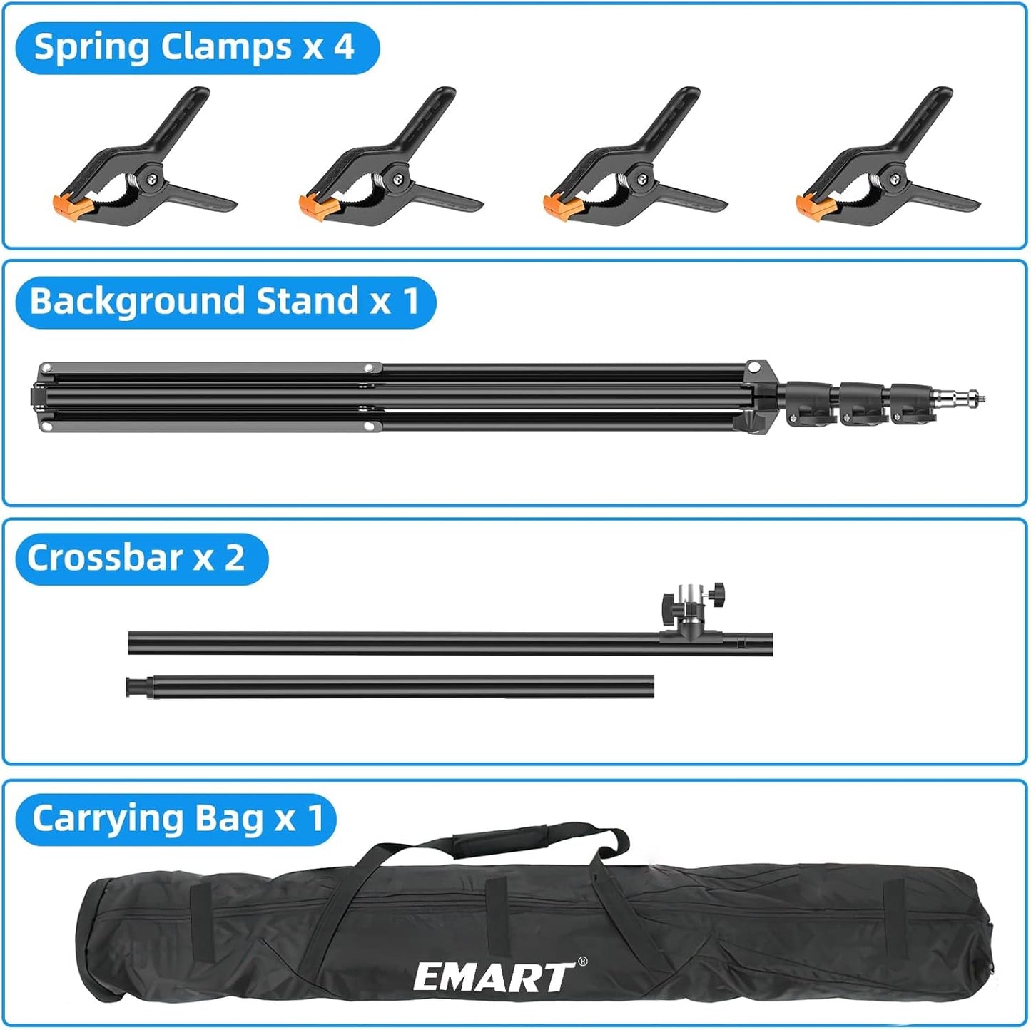 EMART 8.5 x 5ft Portable T-Shape Backdrop Stand Kit with Adjustable Frame, 4 Spring Clamps & Carry Bag for Parties, Photography, Video, and Studio Background Support