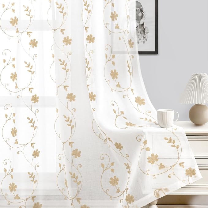 HOMEIDEAS Yellow Sheer Curtains 63 Inch Length 2 Panels Yellow and White - Image 7