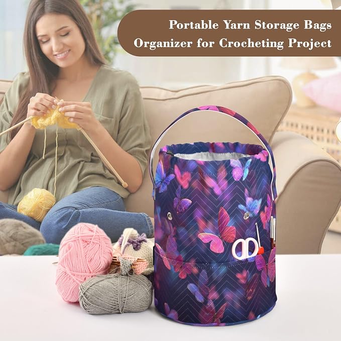 Purple Red Butterfly Yarn Bag Small Crochet Bag Drawstring Yarn Storage - Image 4