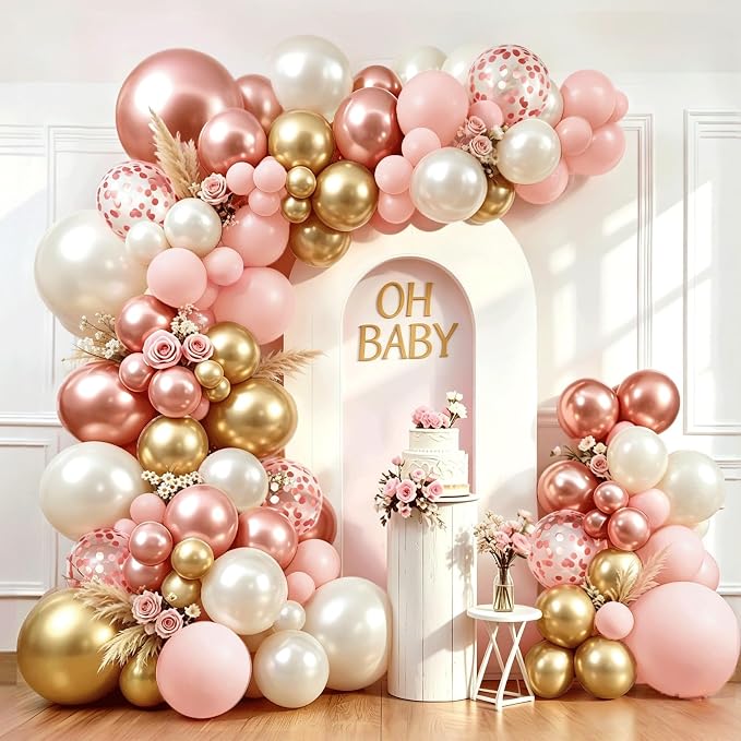 Rose Gold Pink Balloon Arch Kit, Pearl White, Different Size | Double Stuffed by PUFFLD