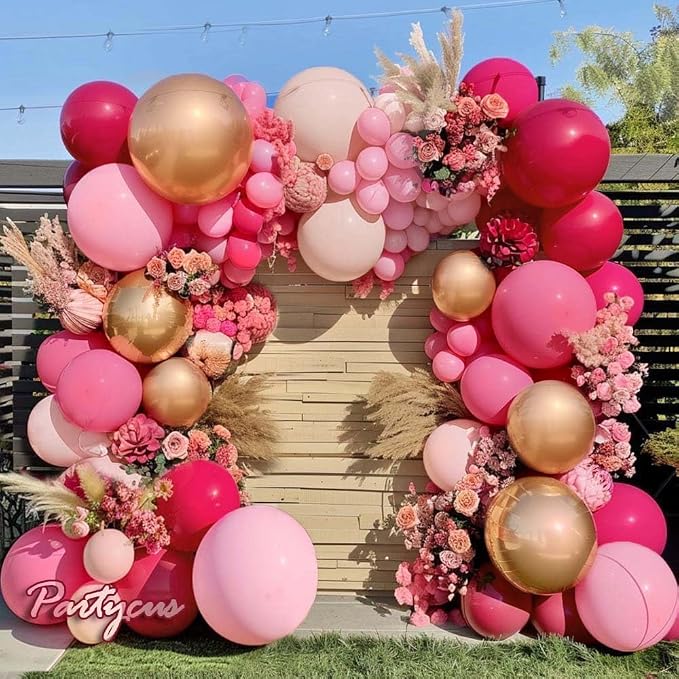 Hot Pink Balloon Arch Kit Double Stuffed, Dark Light Pink Magenta Blush Gold by Partycus