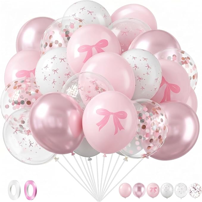 Civaner 48 Pcs Pink Bow Balloons Bulk 12 Inches Light Metallic Pink Clear White by Civaner