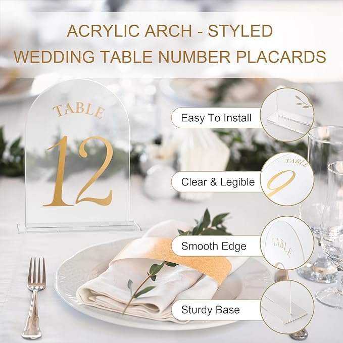 Wedding Table Numbers 1-10 Clear Acrylic Seating Number Signs for Weddings Reception Anniversary Party Decor Seat Number for Tables with Elegant Gold Lettering