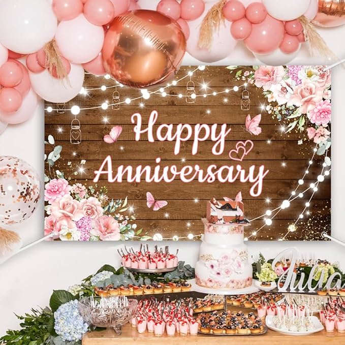 AIBIIN Happy Anniversary Backdrop Photography Background Pink Floral Wedding - Image 3