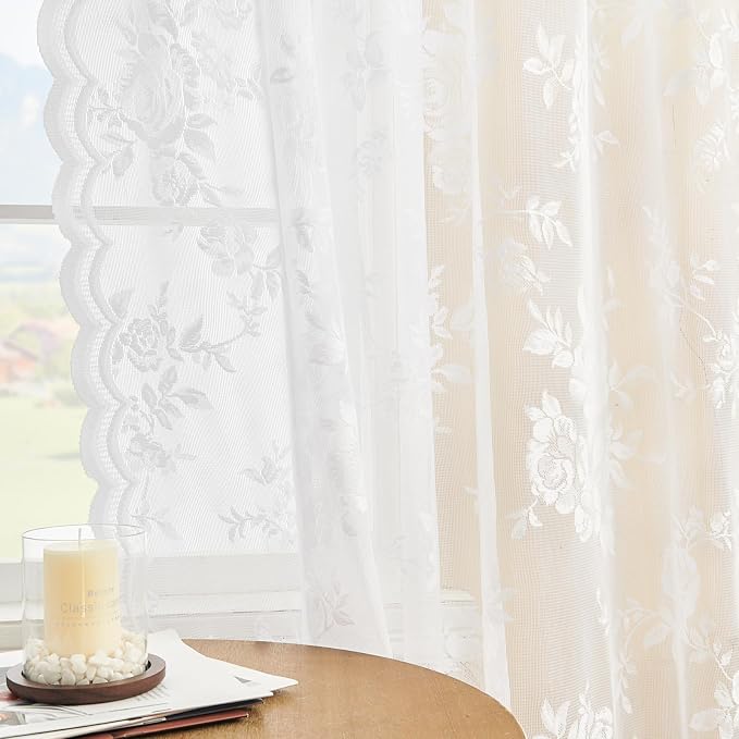 SEEKRIGHT White Lace Curtains 54 Inch Length 2 Panels Set Victorian Floral by SEEKRIGHTHomeDecor